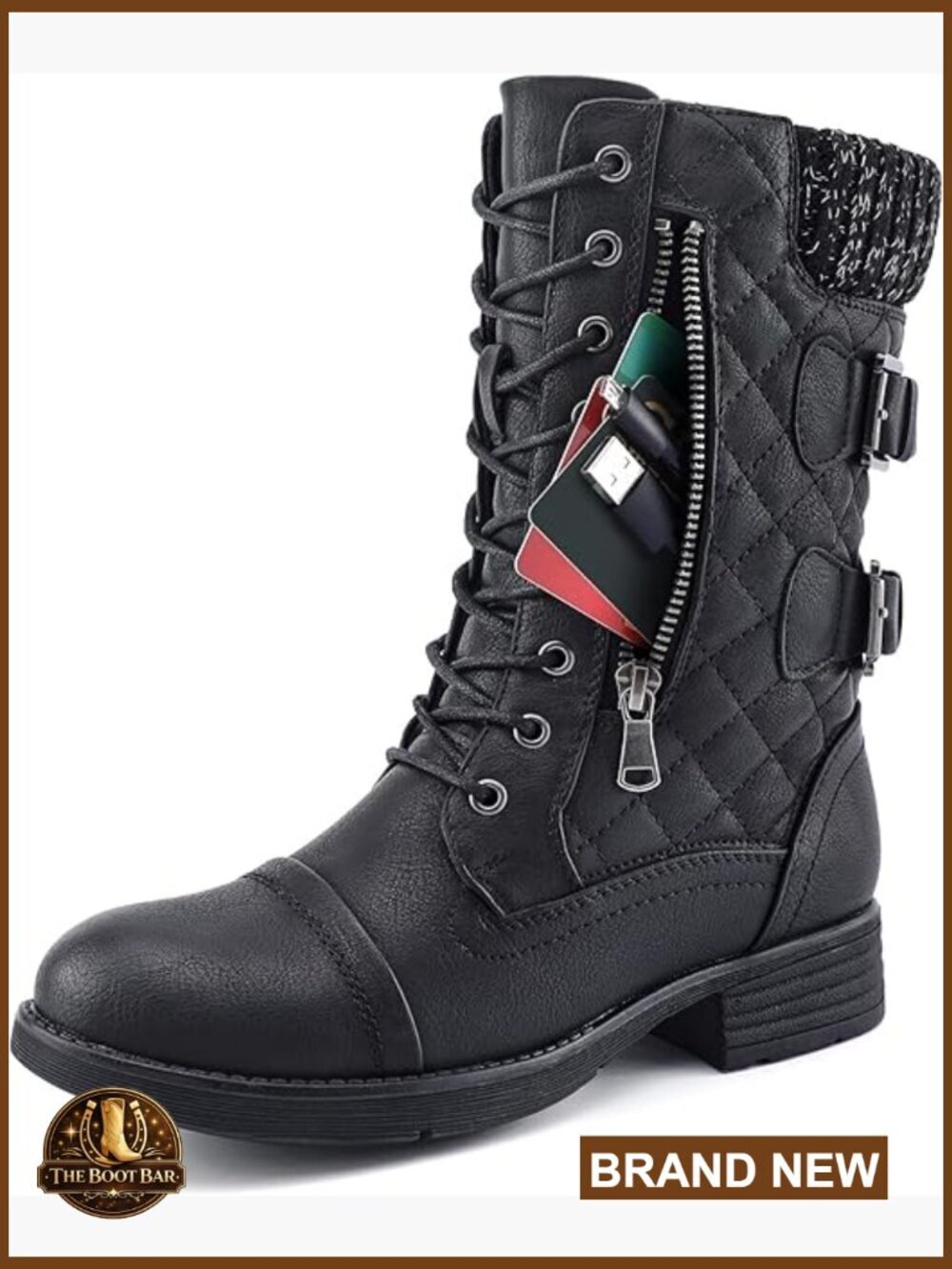 Mid Calf Lace Up Combat Boots Winter Booties Faux Leather Zipper Chunky Heel